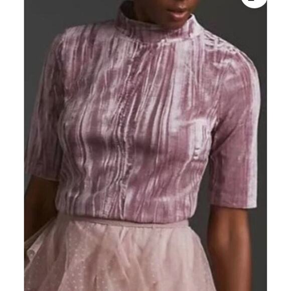 Anthropologie Pilcro Velvet Pink Rose Mock Neck Short-Sleeve Top Small New - Picture 1 of 6